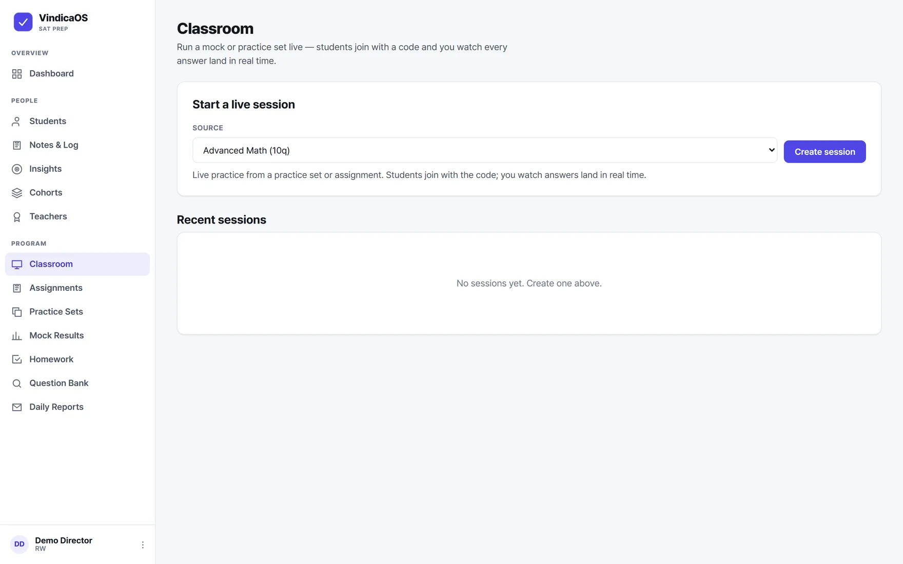 The live classroom: start a session from a practice set, students join with a code, answers land in real time.
