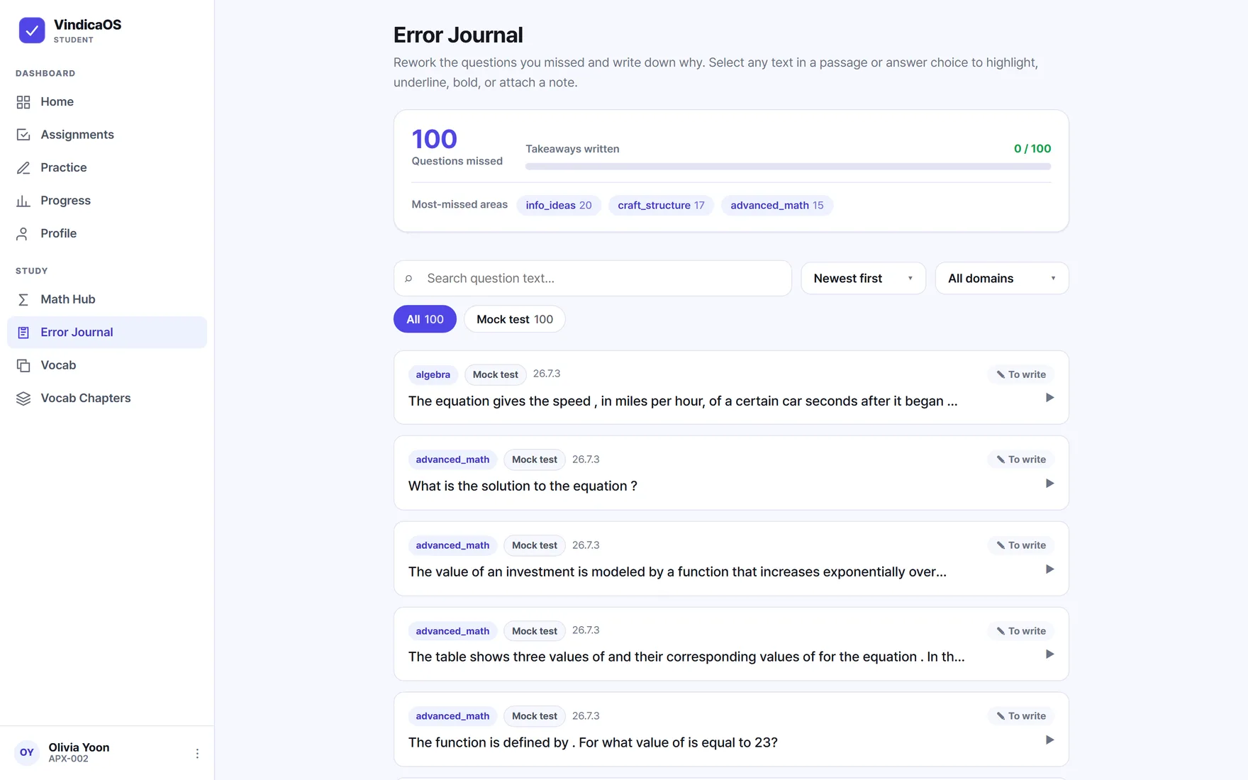 The student error journal: every missed question grouped by domain, with most-missed areas surfaced and a takeaway to write for each.