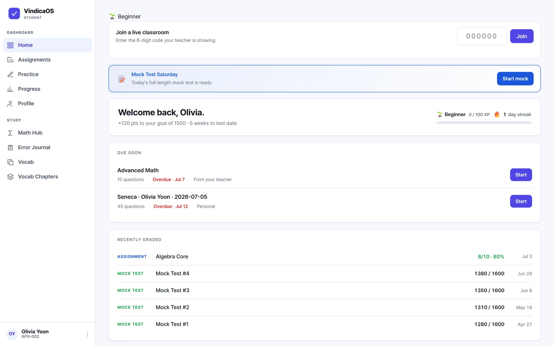 The student home: a mock-score trajectory, work due soon, streak and XP, and recently graded assignments and mocks.