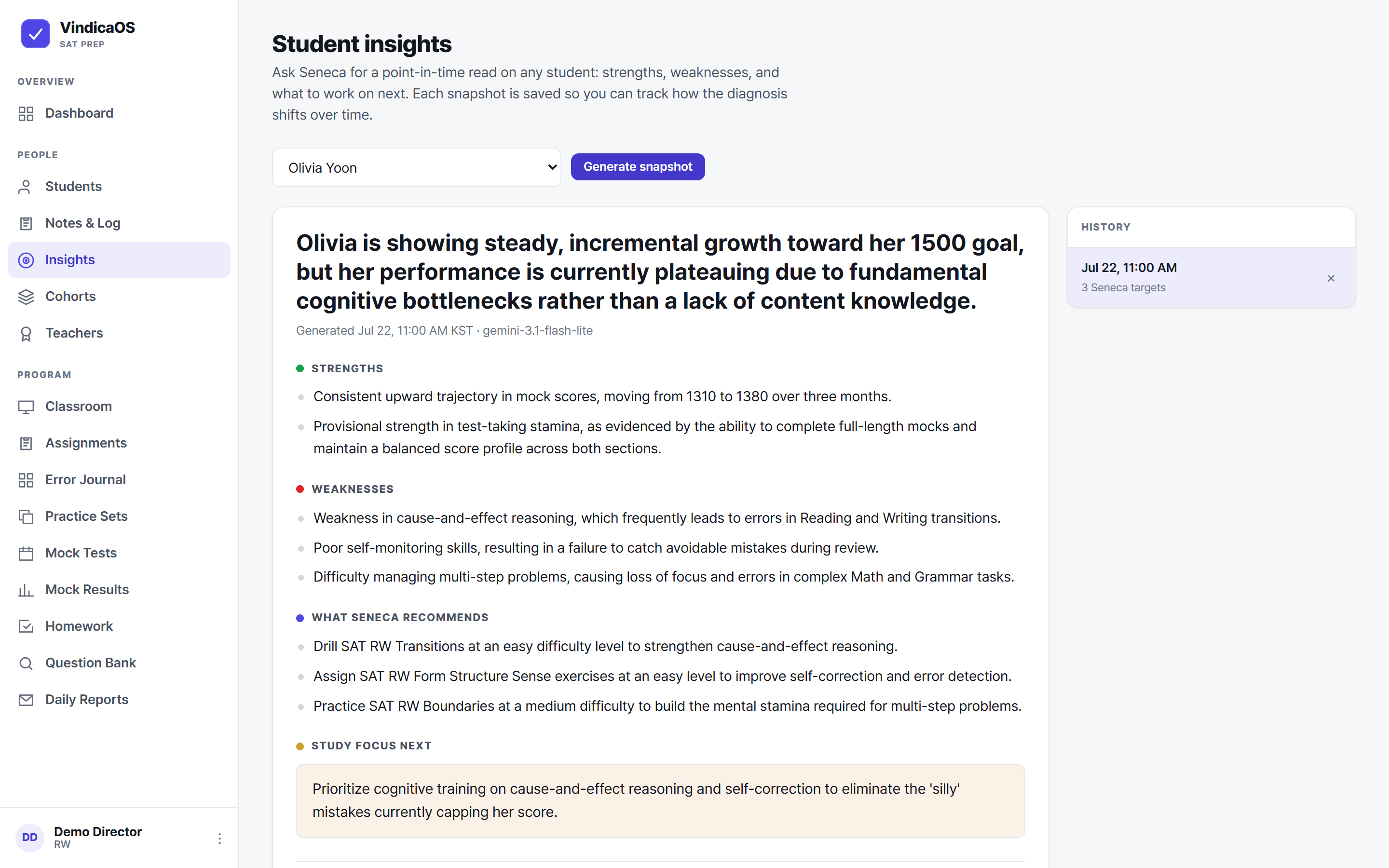 Seneca's Snapshot on a student: a written diagnosis, strengths, weaknesses, what Seneca recommends, and the study focus next.