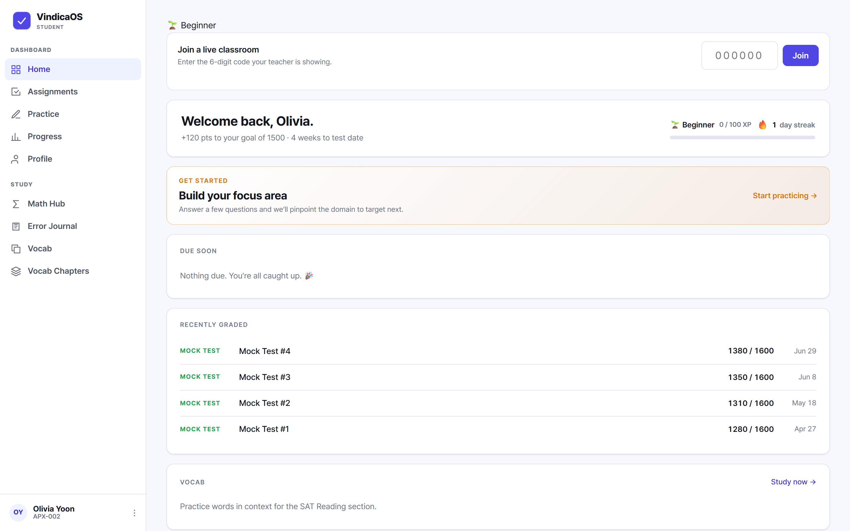The student's own home: latest mock score, what's due, a focus area to build, recently graded mocks, and a code to join a live class.